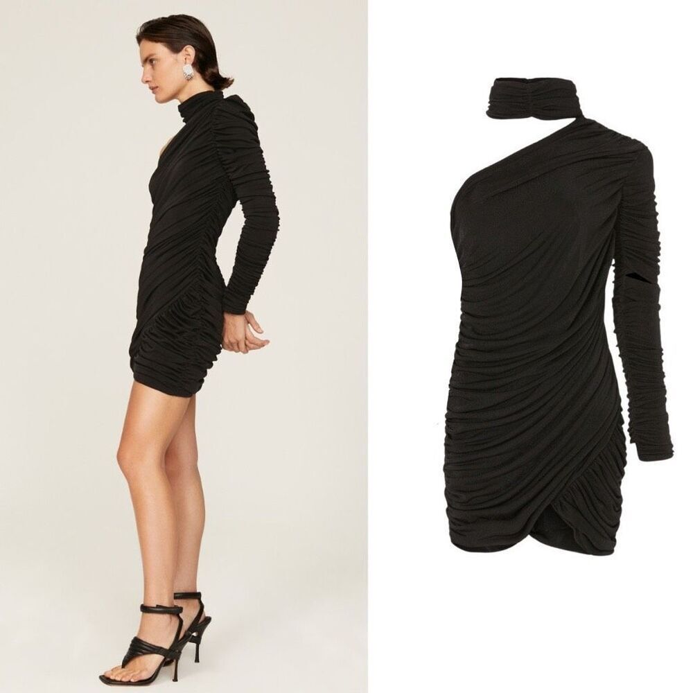 Aliette Black Ruched Bodycon Cut Out Mock Neck Long Sleeve Mini Dress‎ Size 4